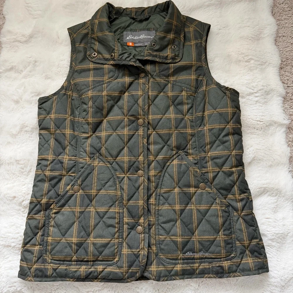 Eddie Bauer Olive Green Plaid Quilted Vest Lightweight Puffer - M